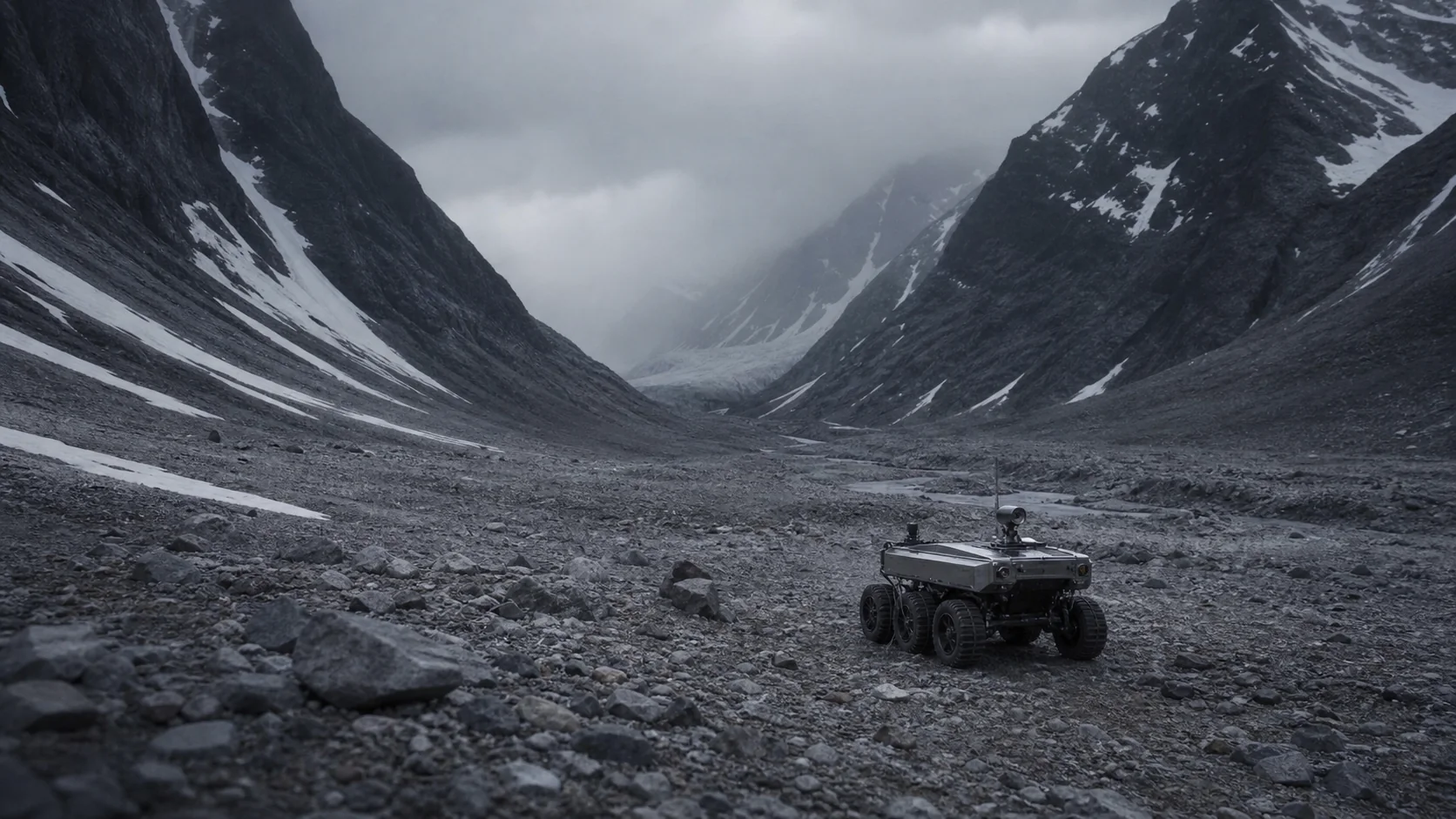 A small rover crossing a rocky valley beneath steep mountain walls