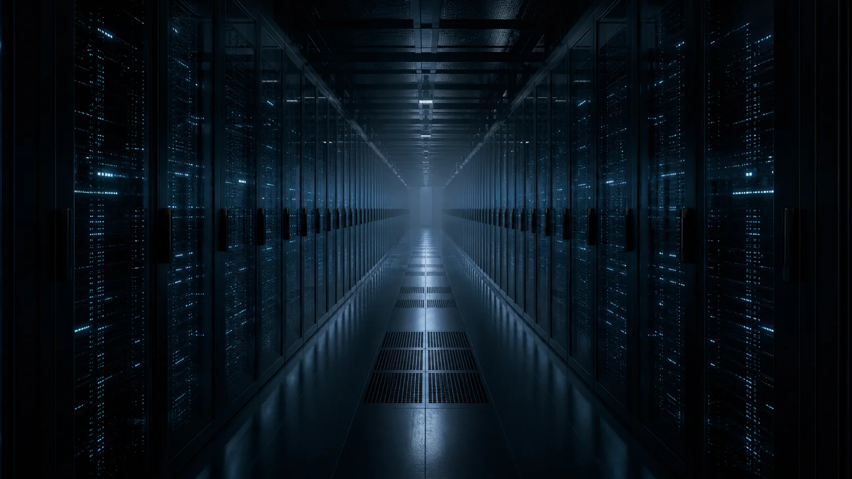 A symmetrical corridor lined with illuminated server racks