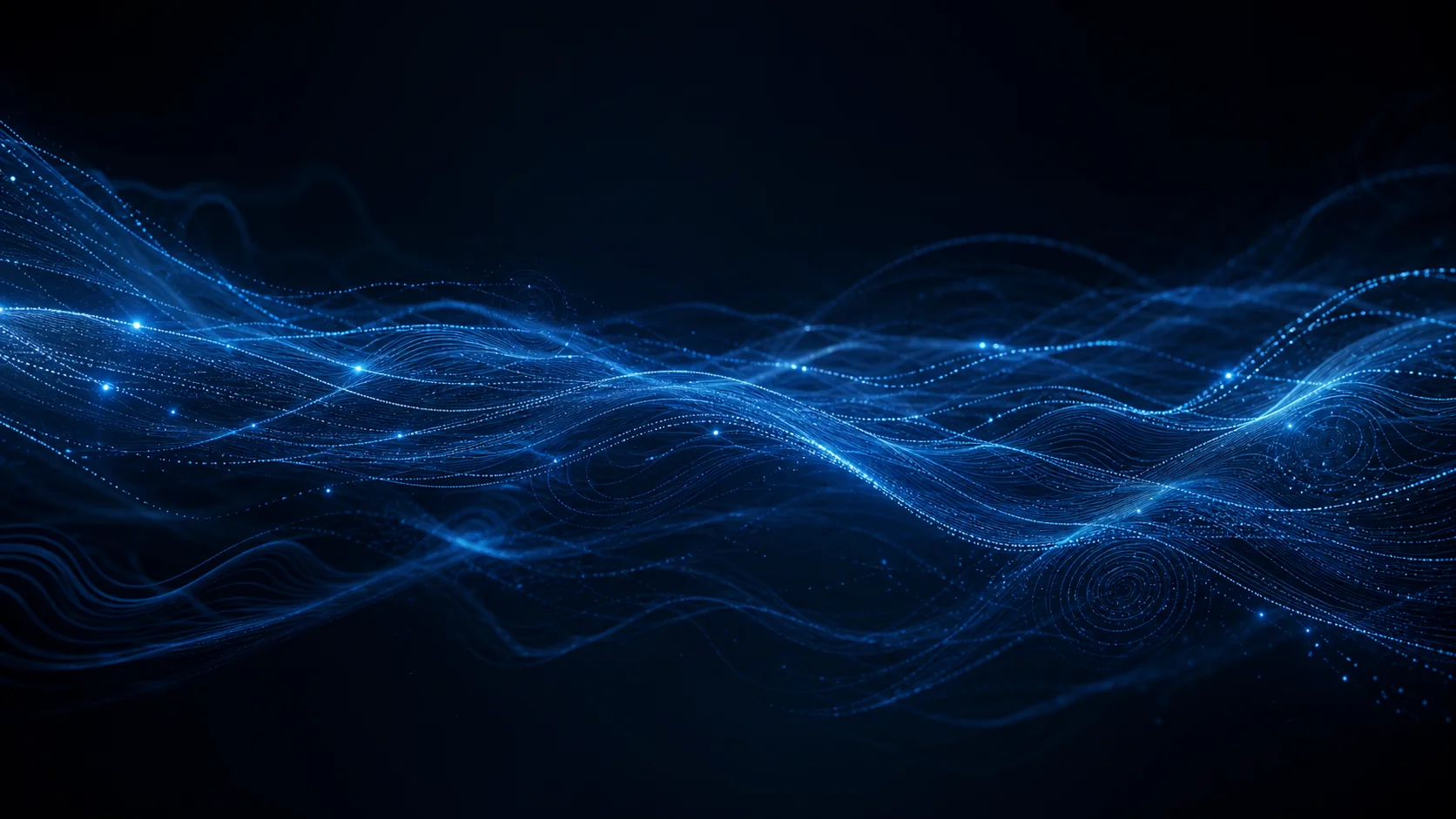 Abstract blue light waves flowing across a dark background